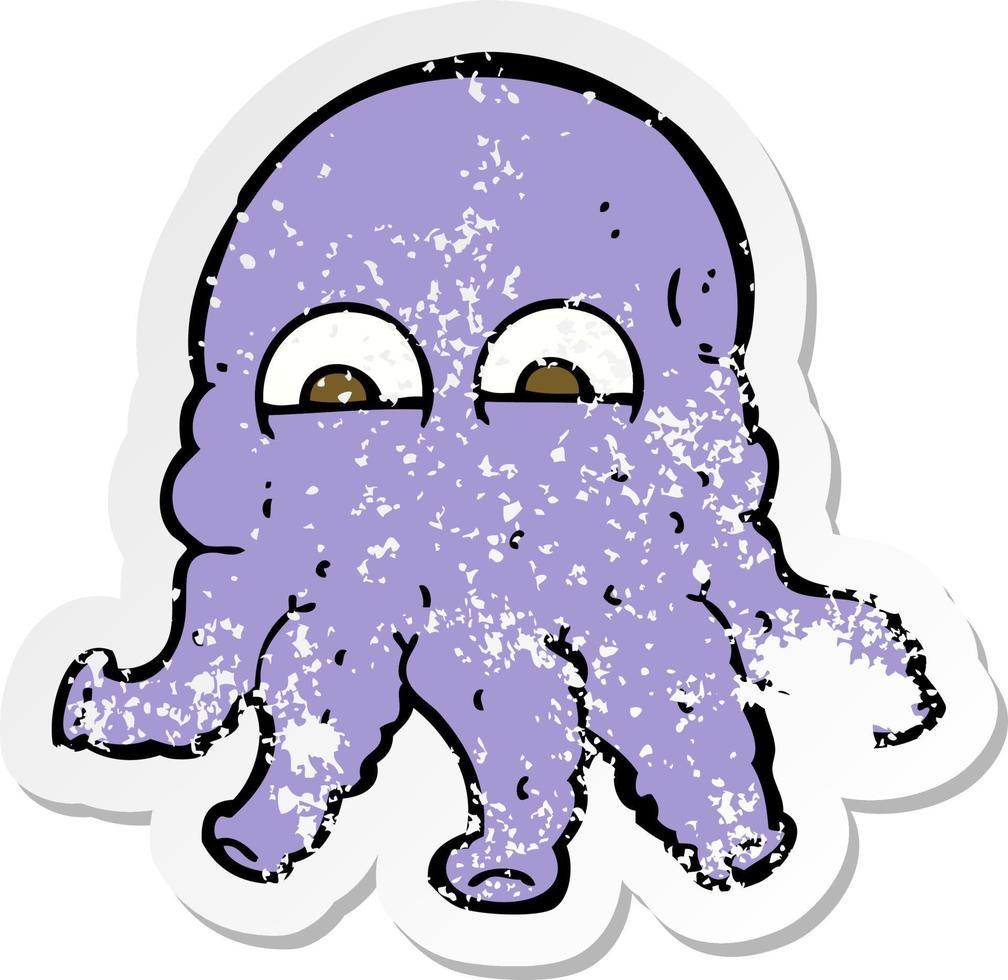 retro distressed sticker of a cartoon alien squid face vector