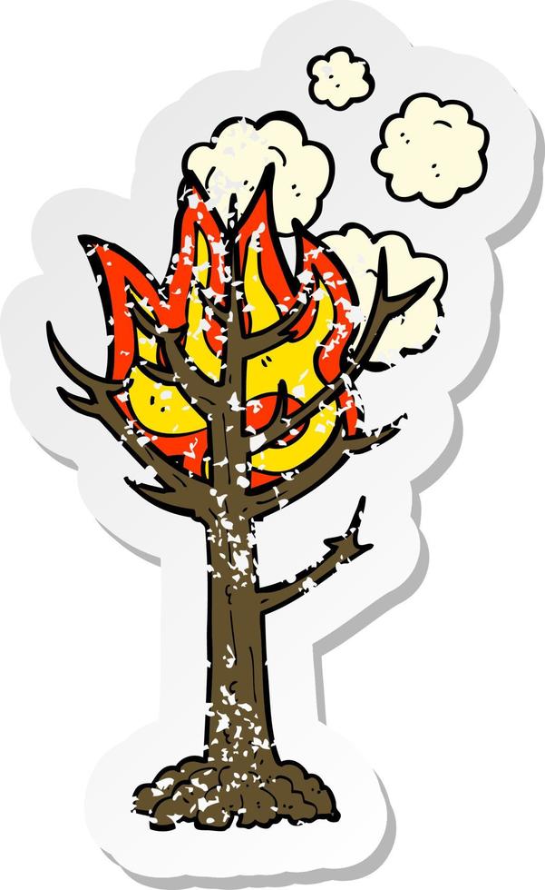 pegatina retro angustiada de un árbol en llamas de dibujos animados vector
