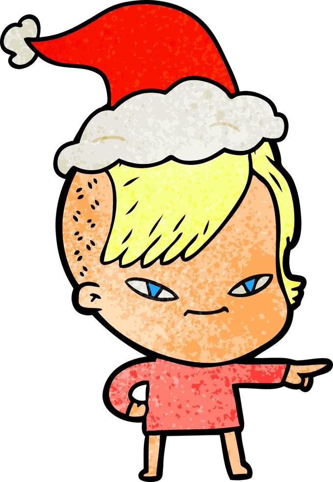 cute textured cartoon of a girl with hipster haircut wearing santa hat vector