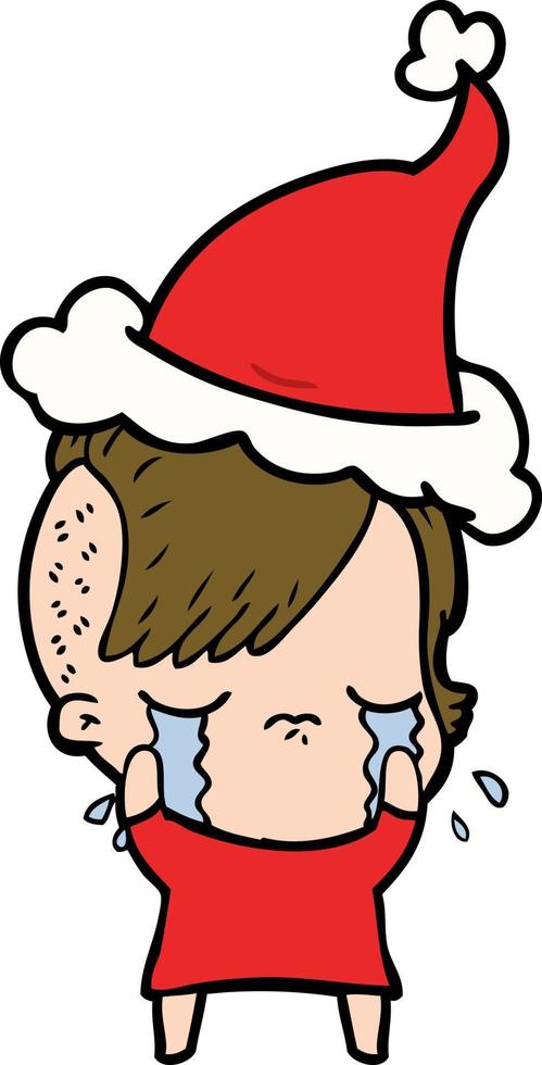 line drawing of a crying girl wearing santa hat vector