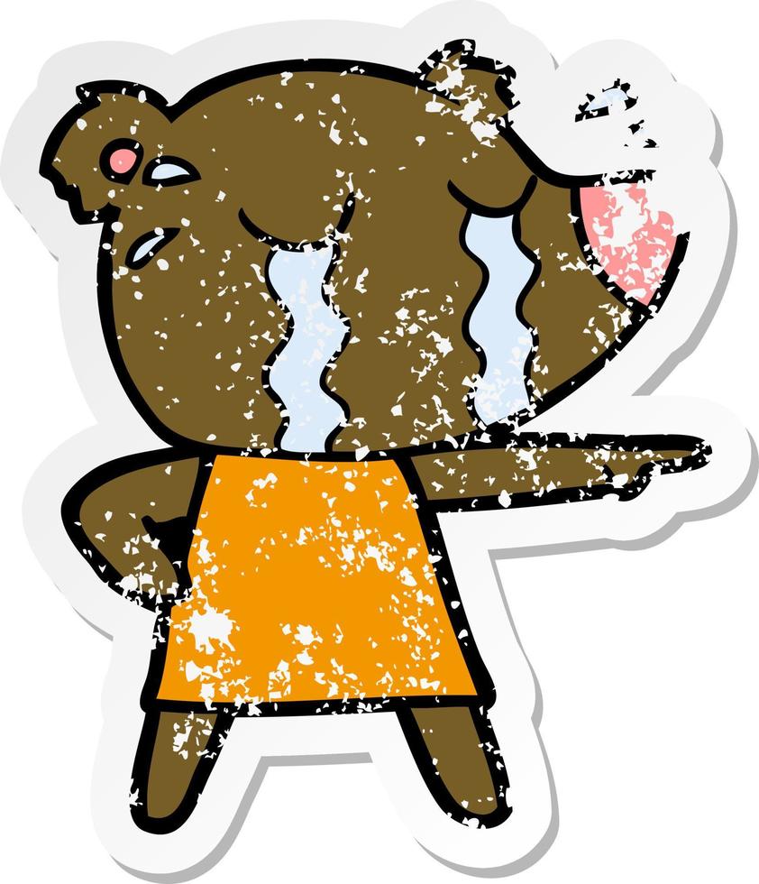 distressed sticker of a cartoon crying bear in dress pointing vector