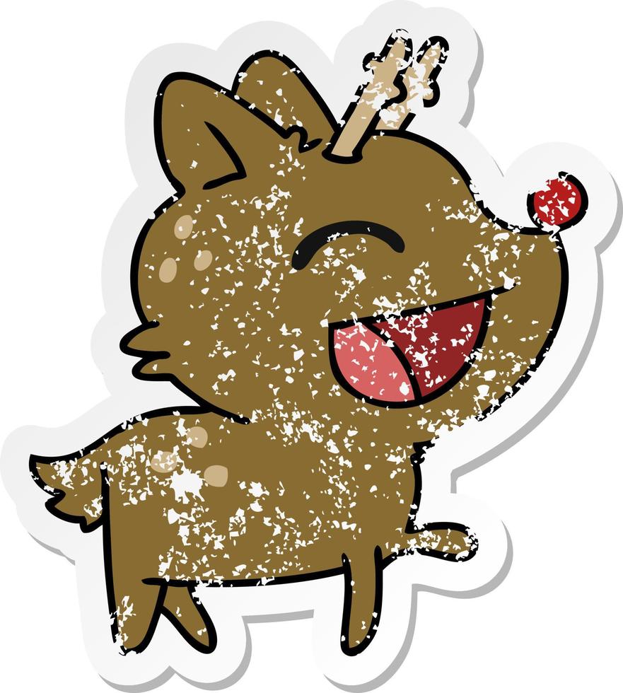 distressed sticker cartoon of cute red nosed reindeer vector