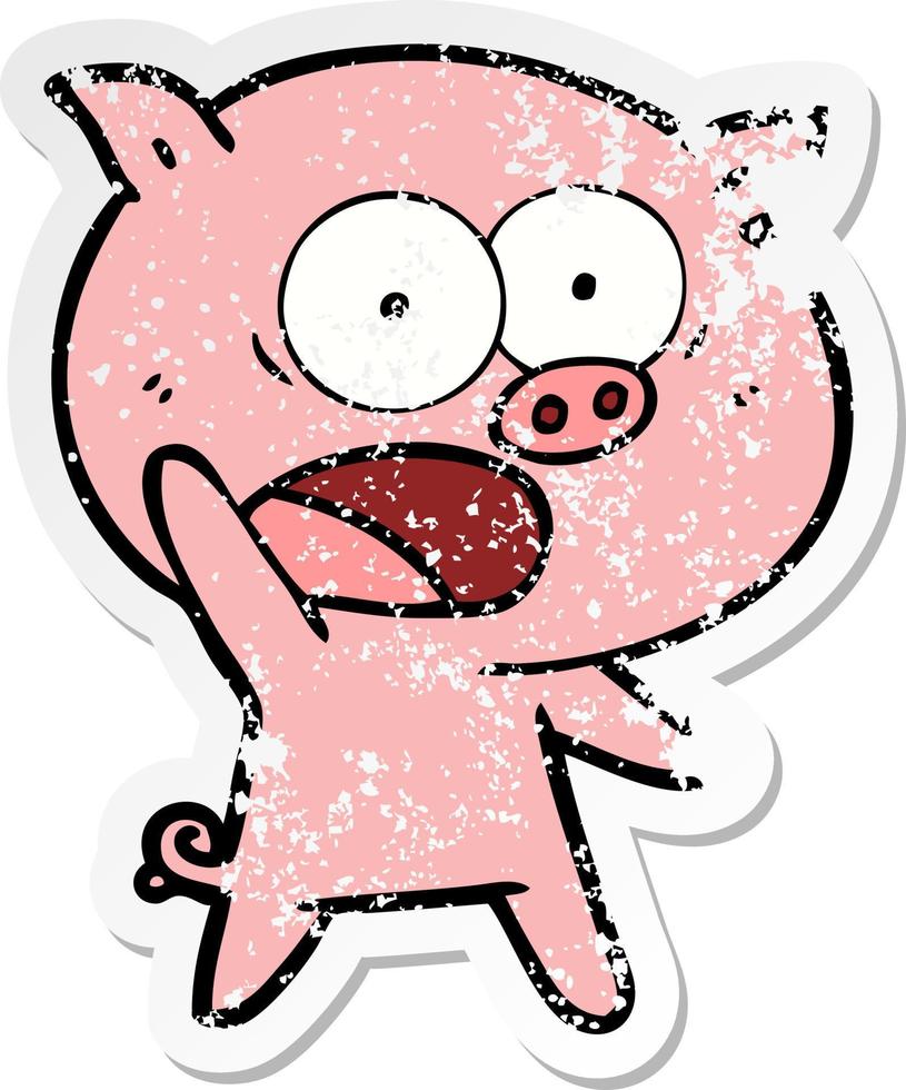 distressed sticker of a cartoon pig shouting vector