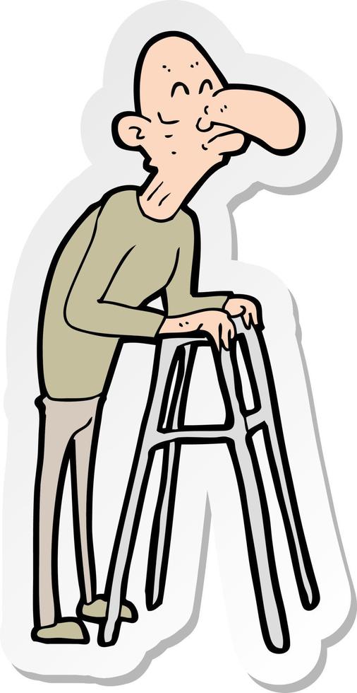 sticker of a cartoon old man with walking frame vector