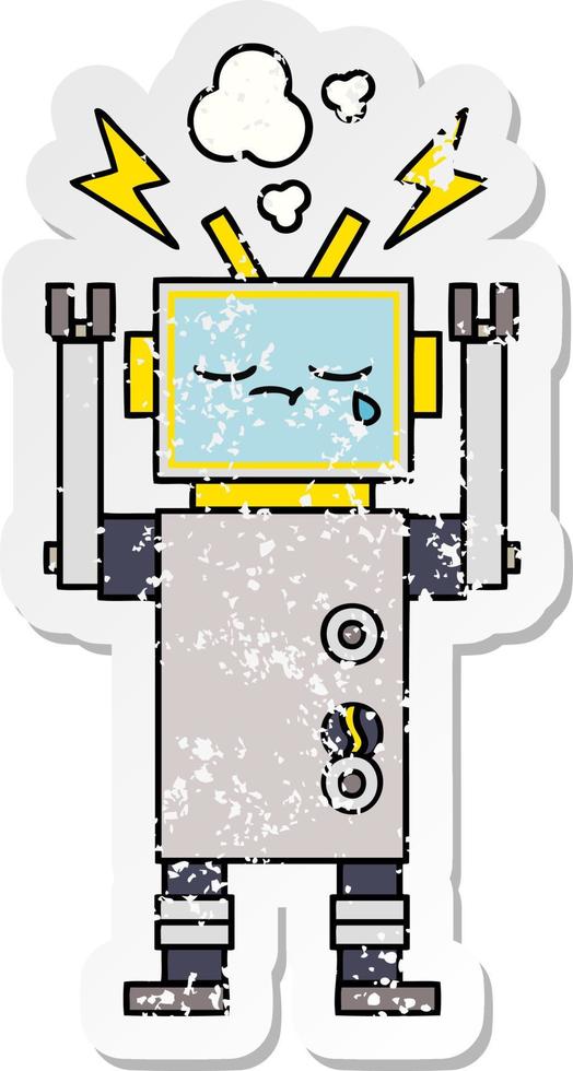 distressed sticker of a cute cartoon crying robot vector