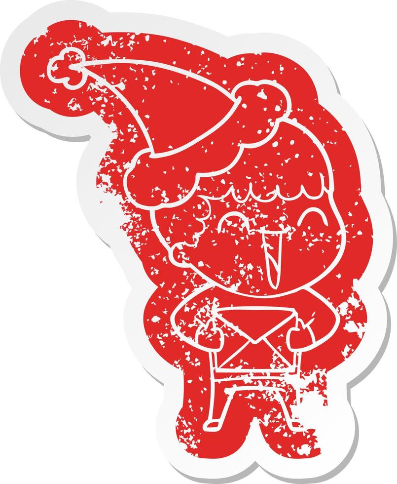 cartoon distressed sticker of a happy man wearing santa hat vector
