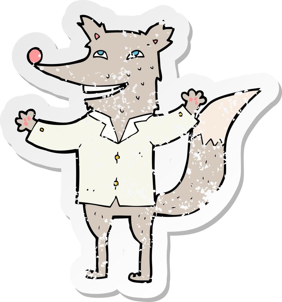 retro distressed sticker of a cartoon happy wolf wearing shirt vector