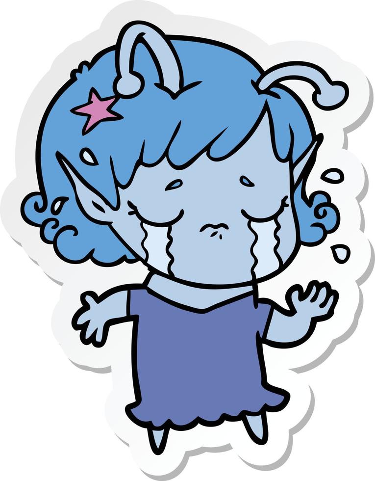 sticker of a cartoon crying alien girl vector