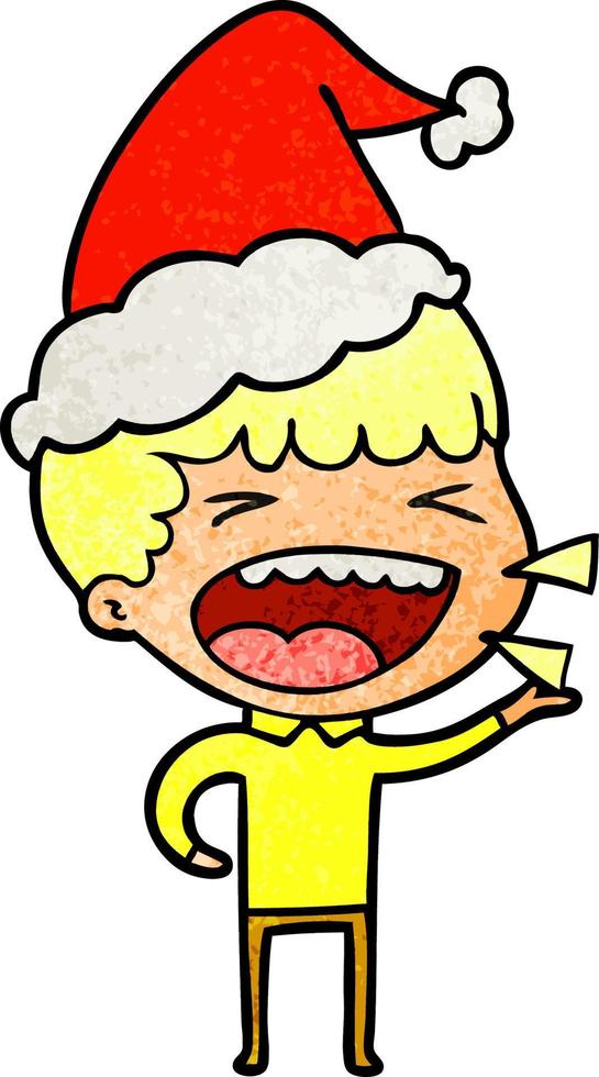 textured cartoon of a laughing man wearing santa hat vector