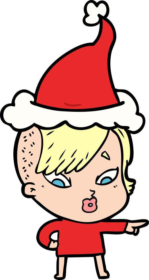 line drawing of a surprised girl pointing wearing santa hat vector