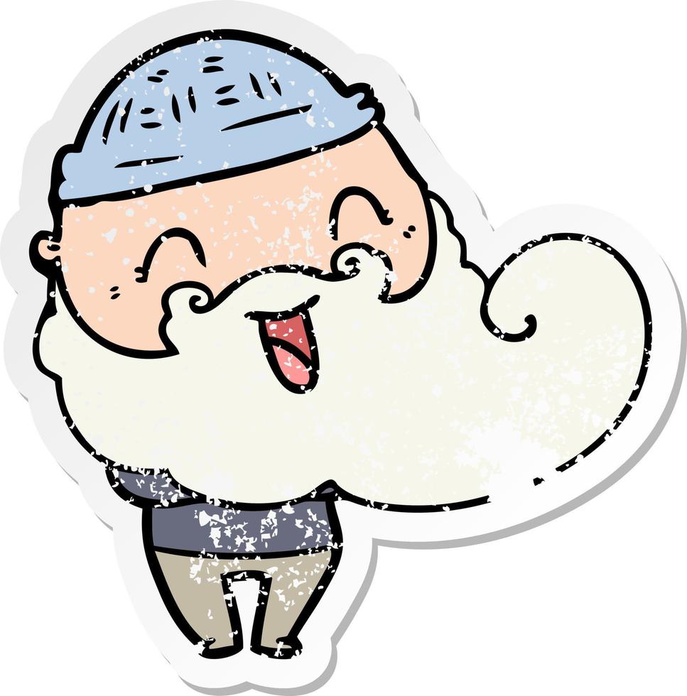 distressed sticker of a happy man with beard and winter hat vector