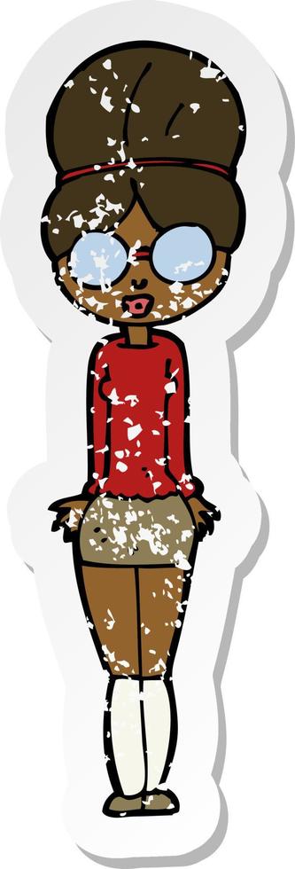 retro distressed sticker of a cartoon librarian woman vector
