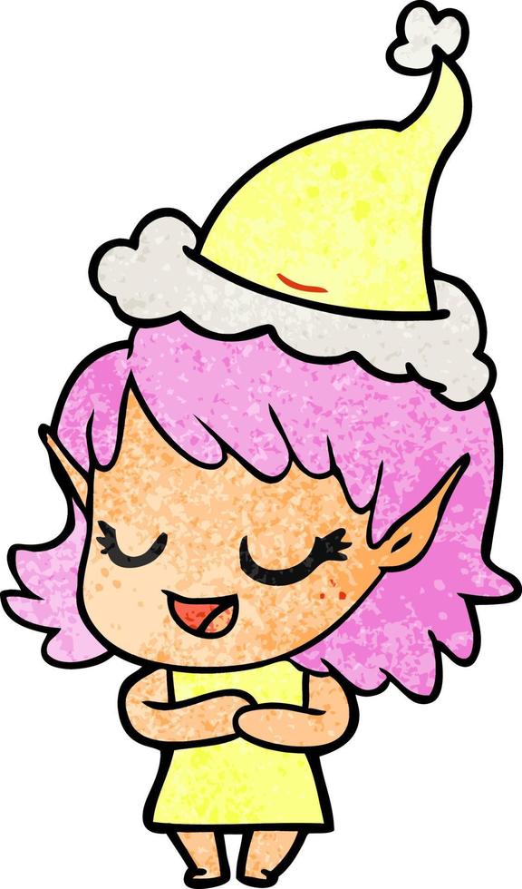 happy textured cartoon of a elf girl wearing santa hat vector
