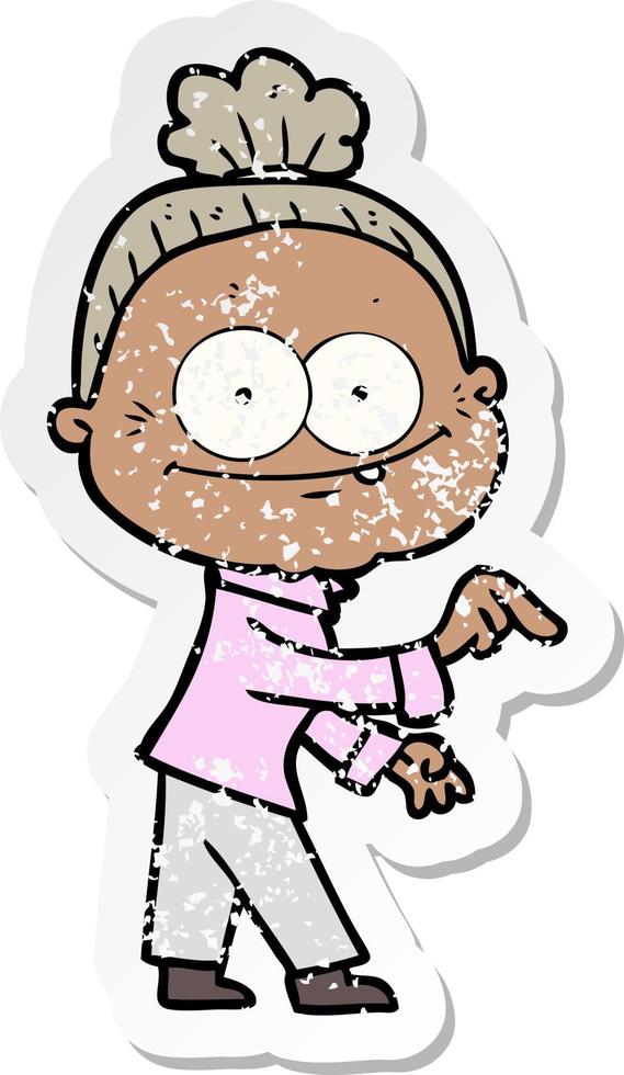 distressed sticker of a cartoon happy old woman vector
