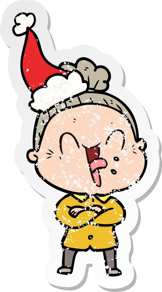 distressed sticker cartoon of a happy old woman wearing santa hat vector