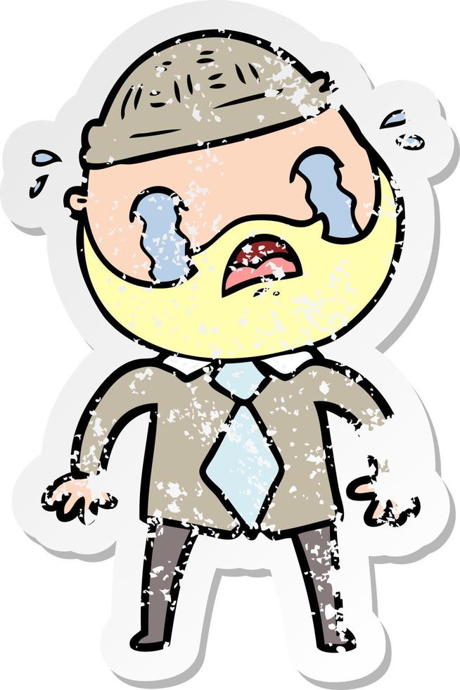 distressed sticker of a cartoon bearded man crying vector