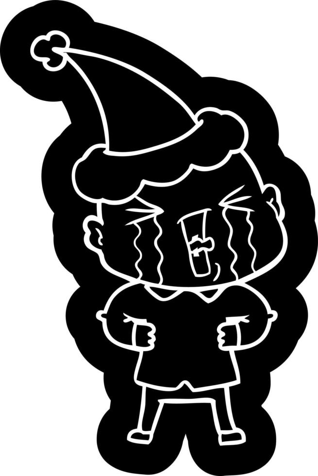 cartoon icon of a crying bald man wearing santa hat vector