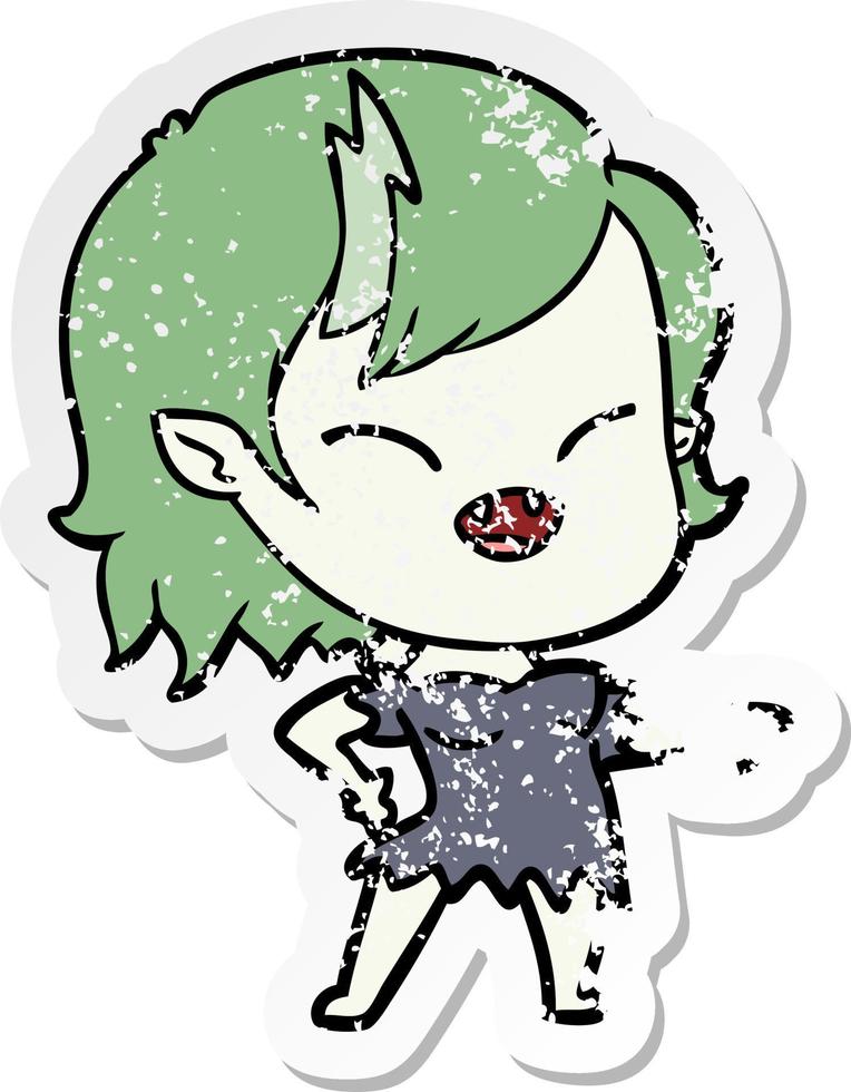 distressed sticker of a cartoon vampire girl pointing and laughing vector