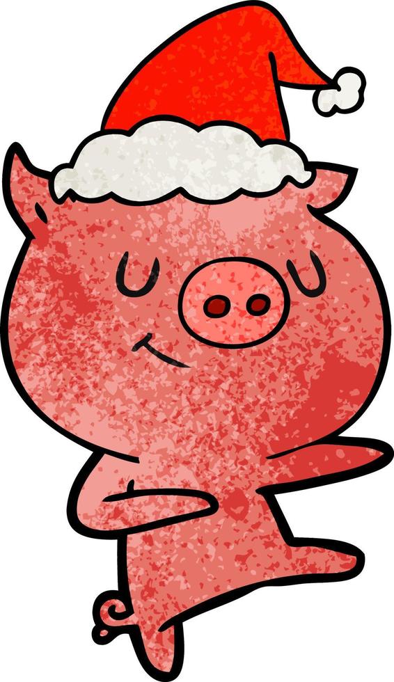 happy textured cartoon of a pig dancing wearing santa hat vector