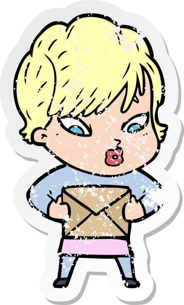 distressed sticker of a cartoon woman vector