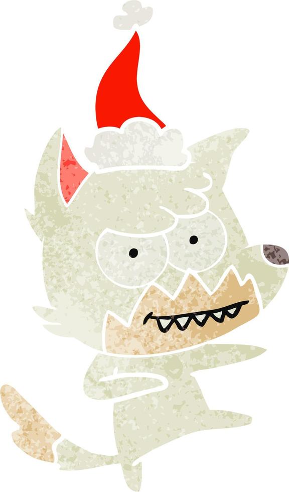 retro cartoon of a grinning fox wearing santa hat vector