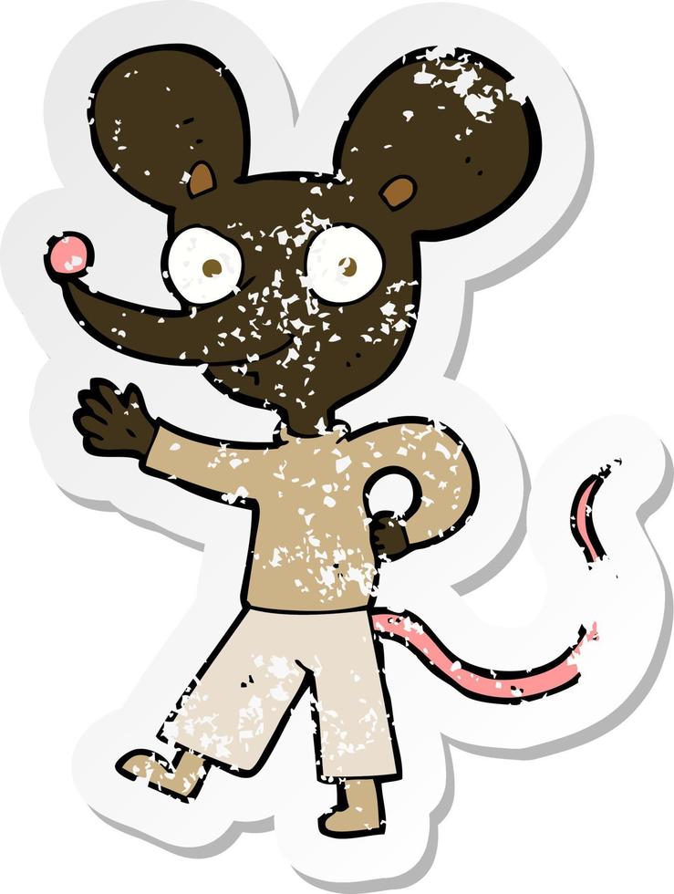 retro distressed sticker of a cartoon waving mouse vector