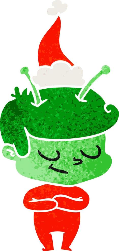friendly retro cartoon of a spaceman wearing santa hat vector