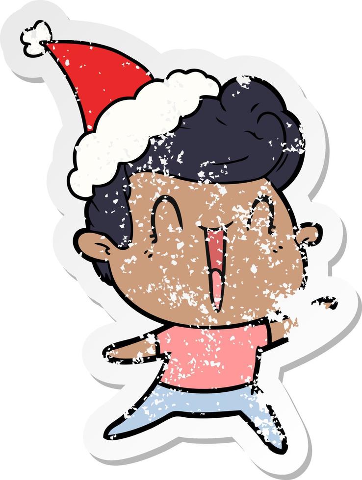 distressed sticker cartoon of a excited man wearing santa hat vector