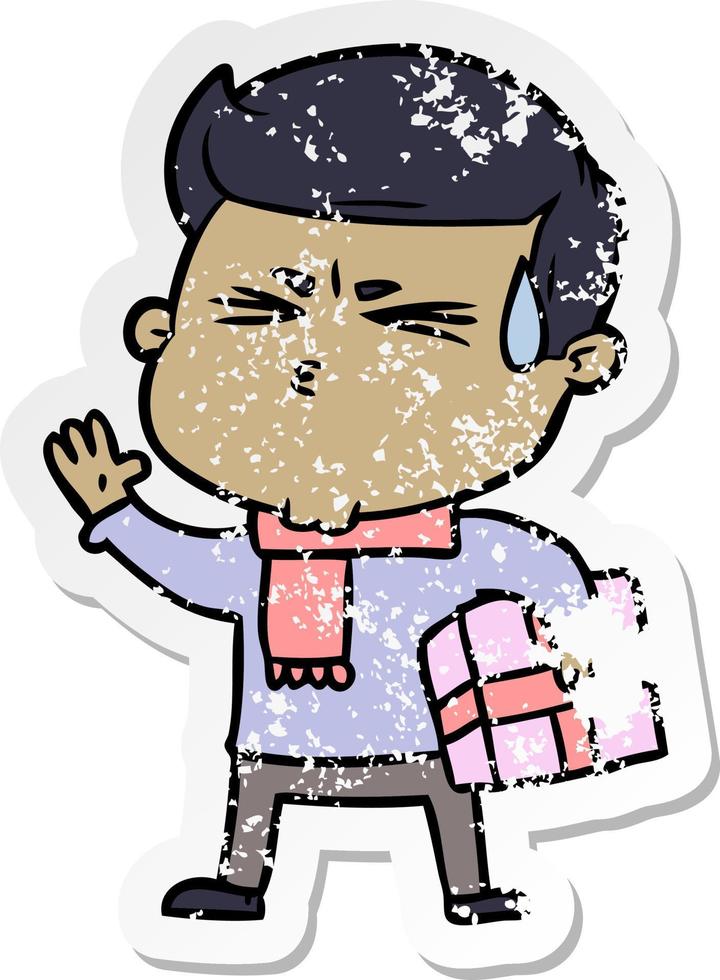 distressed sticker of a cartoon man sweating vector