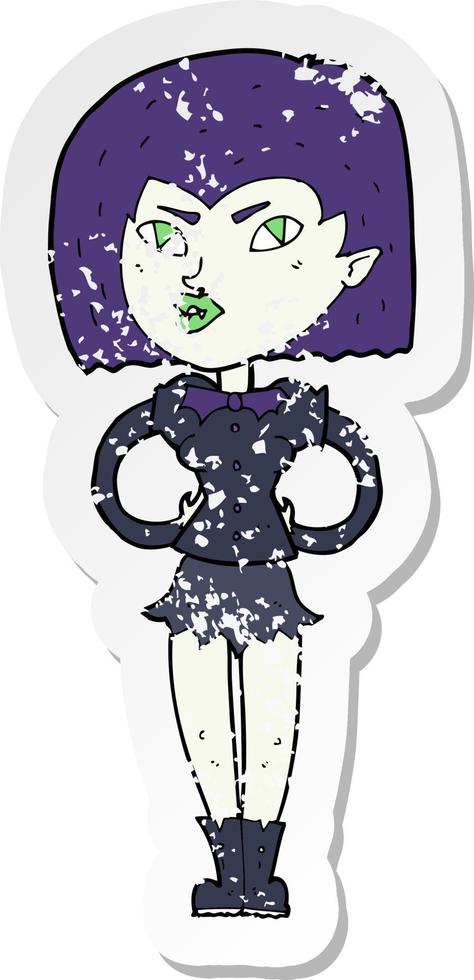 retro distressed sticker of a cartoon vampire girl vector