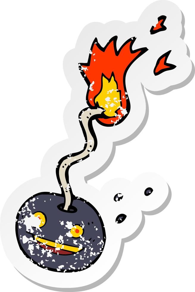 retro distressed sticker of a cartoon bomb with face vector