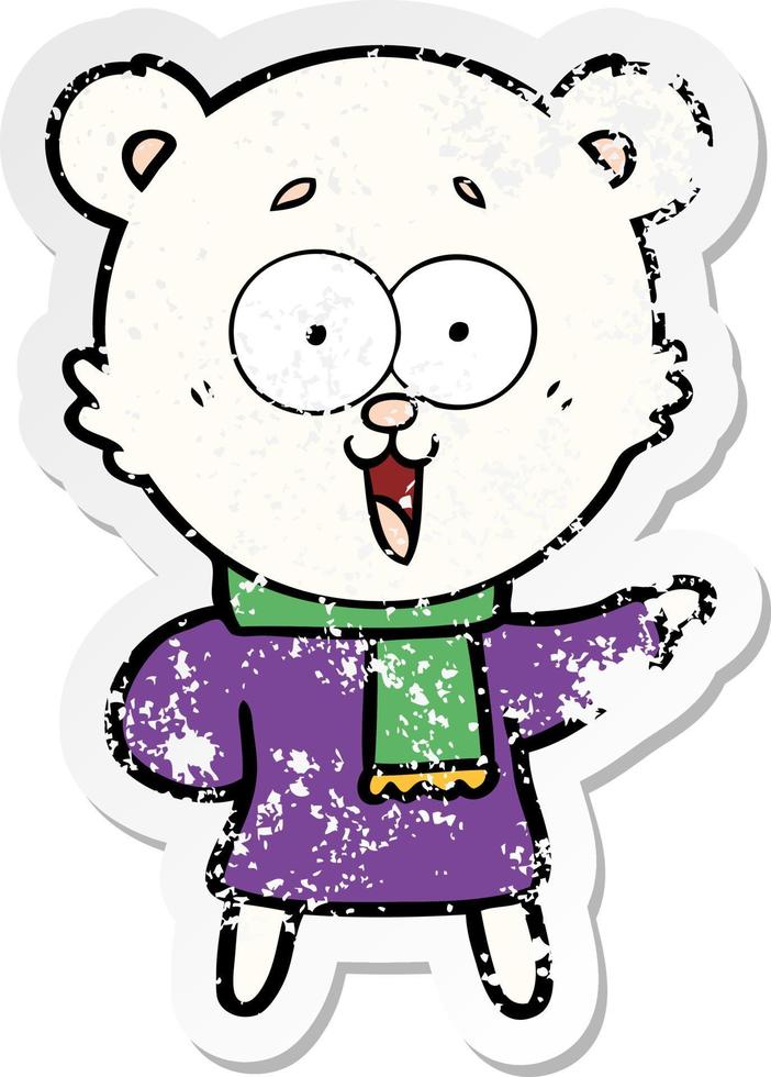 distressed sticker of a laughing teddy  bear cartoon in winter clothes vector