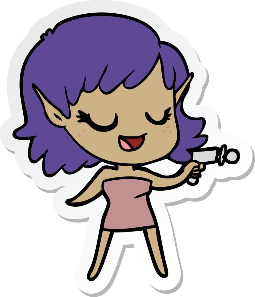 sticker of a happy cartoon space girl with ray gun vector