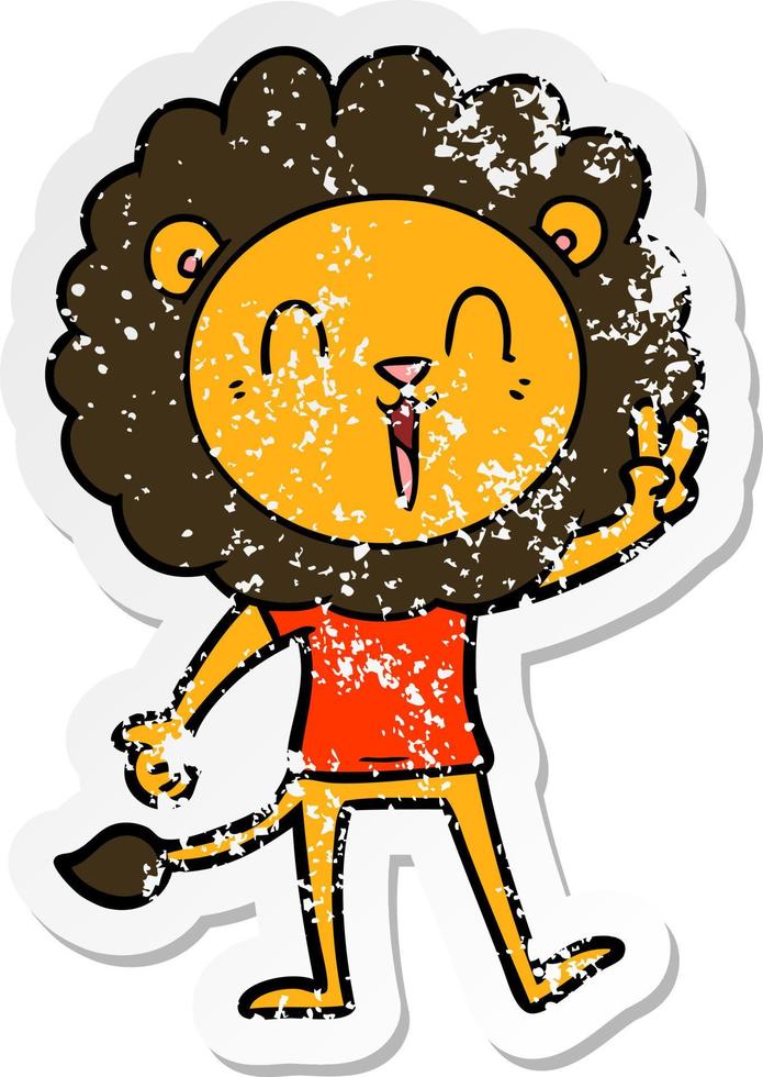 distressed sticker of a laughing lion giving peace sign vector