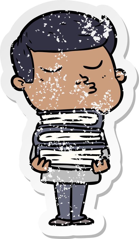 distressed sticker of a cartoon model guy pouting holding books vector