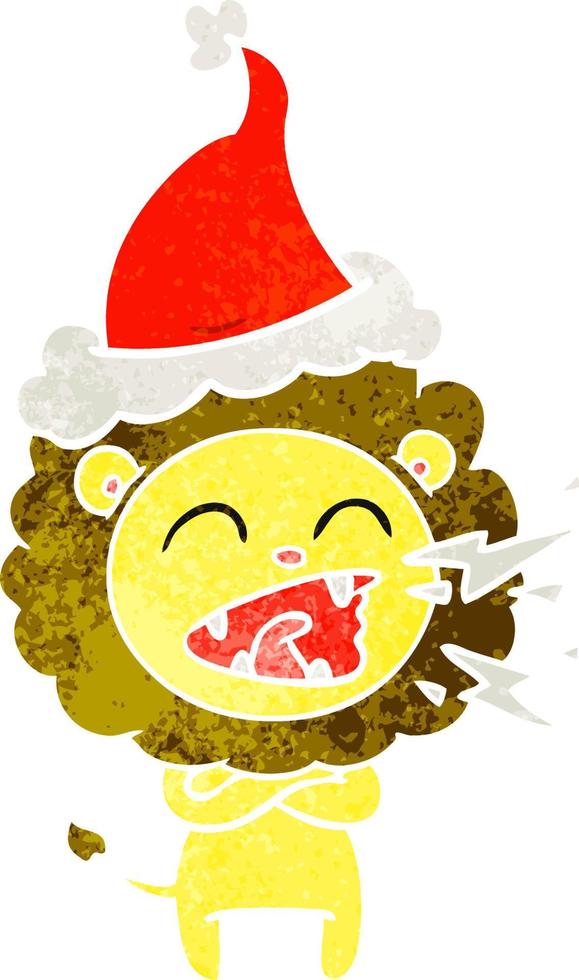 retro cartoon of a roaring lion wearing santa hat vector