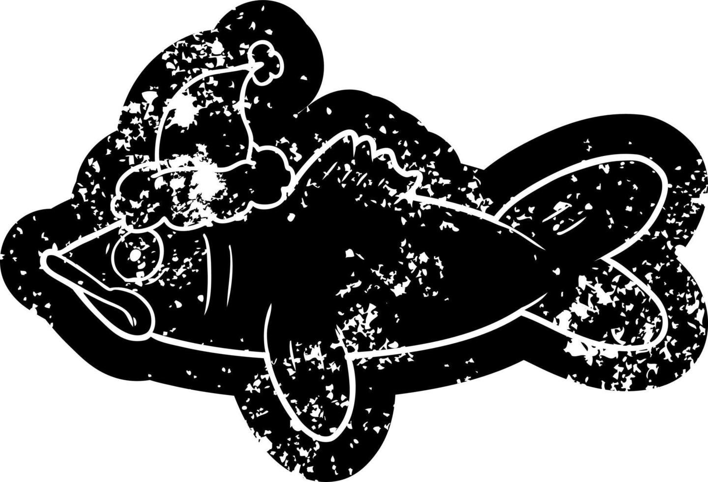 cartoon distressed icon of a fish wearing santa hat vector