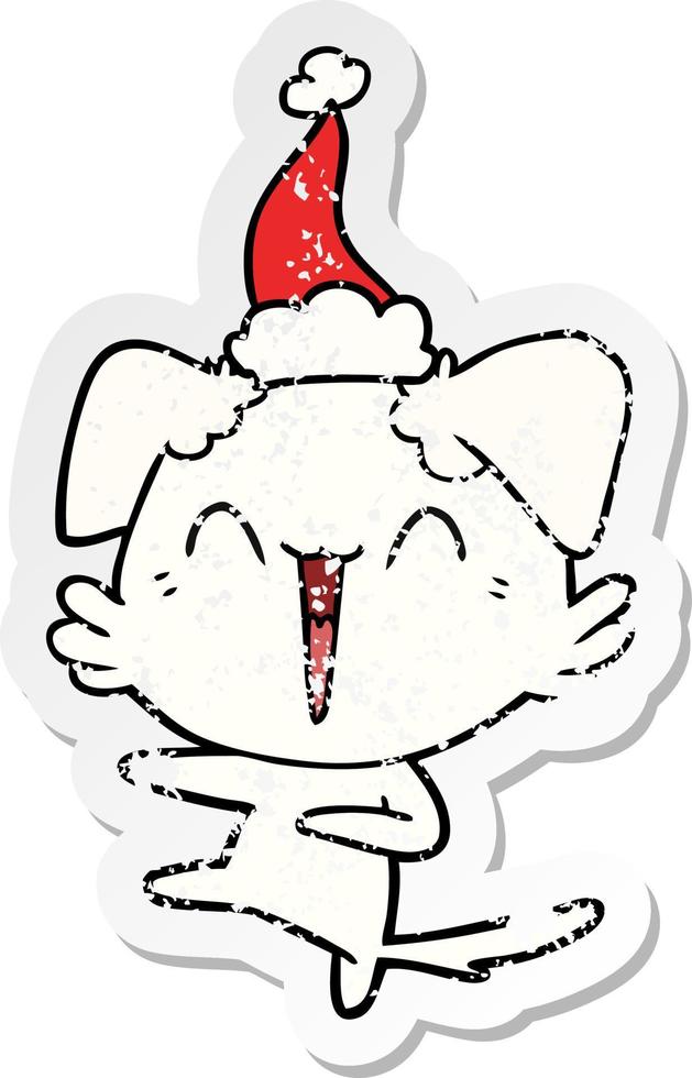 happy dancing dog distressed sticker cartoon of a wearing santa hat vector