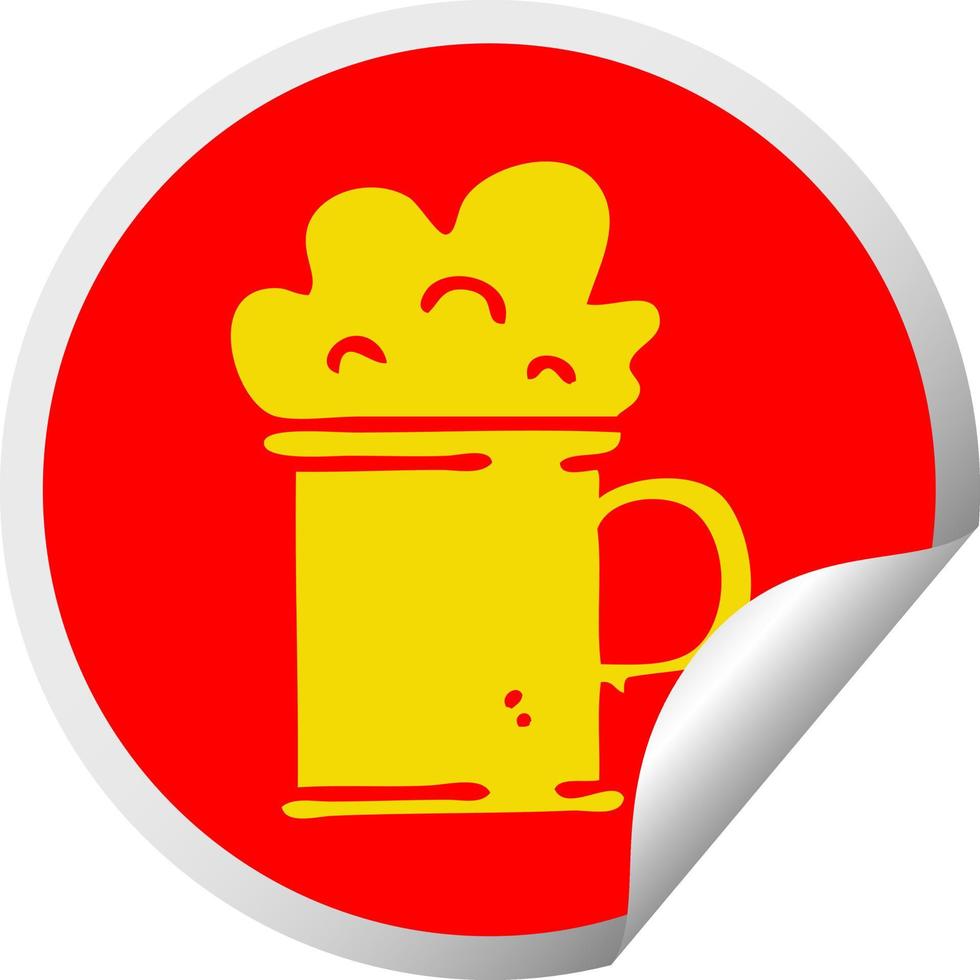 quirky circular peeling sticker cartoon tankard of beer vector