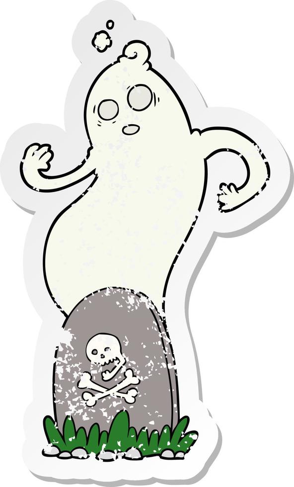 distressed sticker of a spooky cartoon grave with rising ghost vector