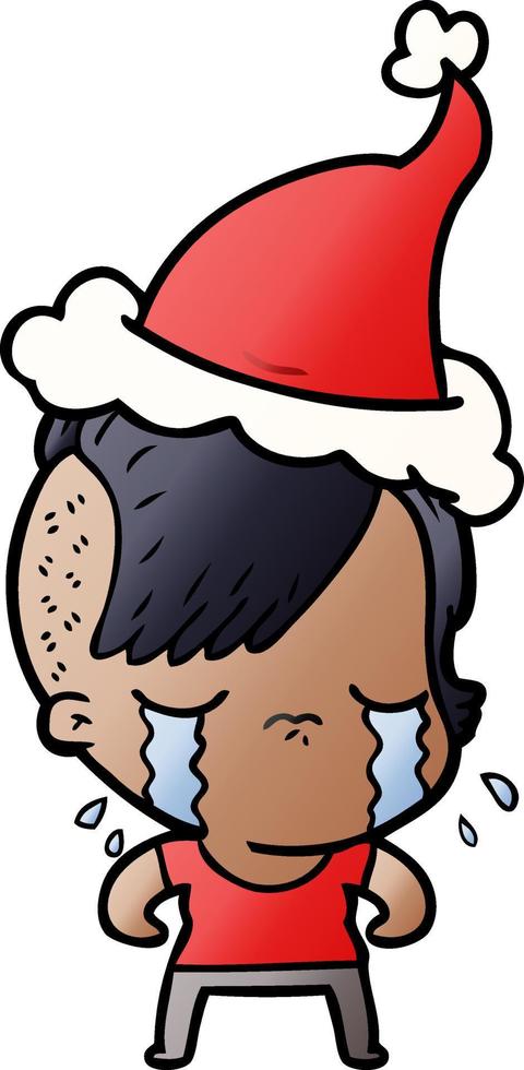 gradient cartoon of a crying girl wearing santa hat vector
