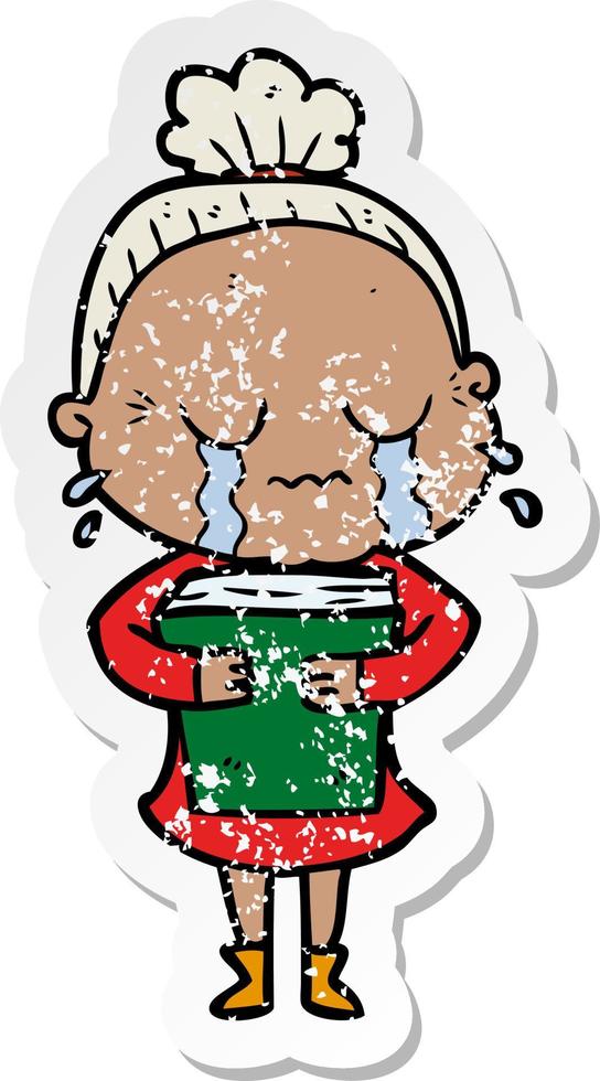 distressed sticker of a cartoon crying old lady vector