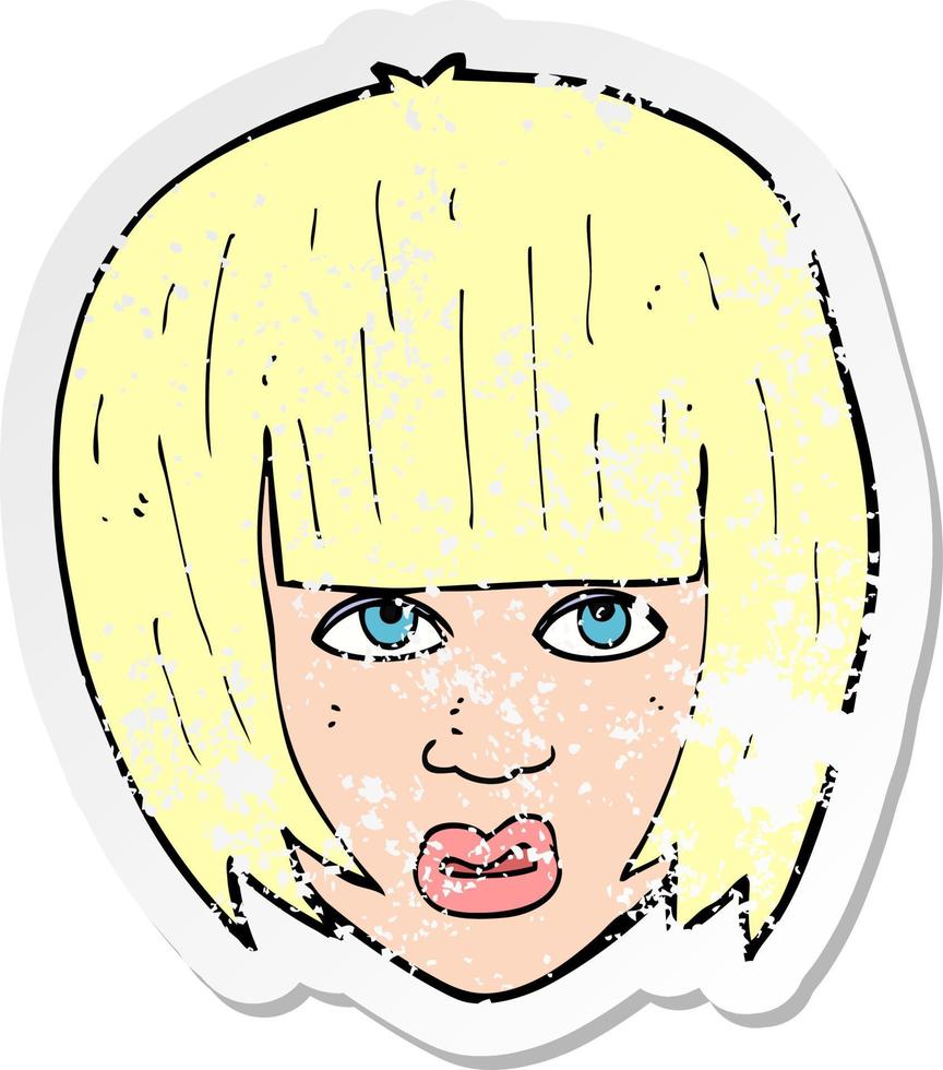retro distressed sticker of a cartoon annoyed girl with big hair vector