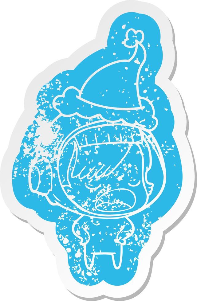 cartoon distressed sticker of a astronaut woman explaining wearing santa hat vector