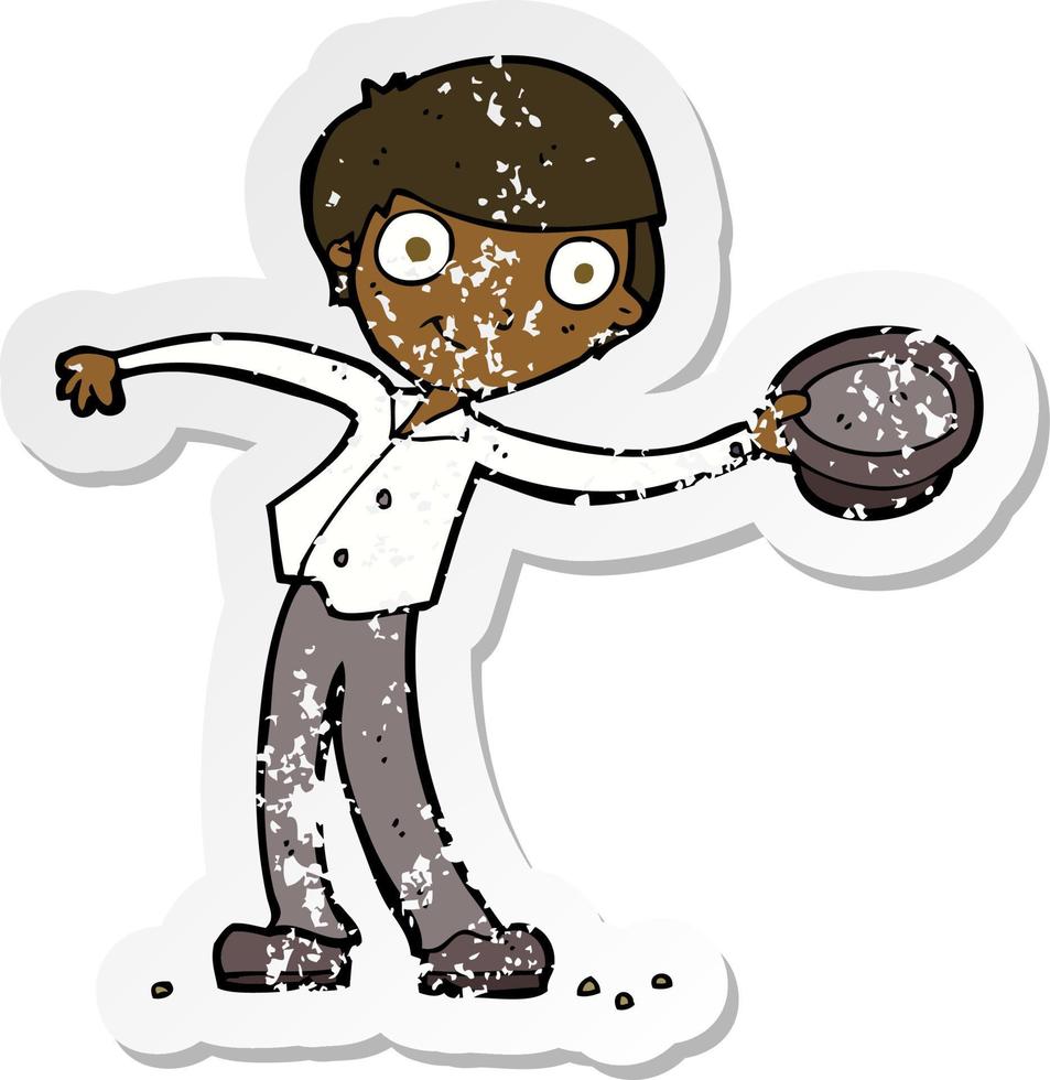 retro distressed sticker of a cartoon man tipping hat vector