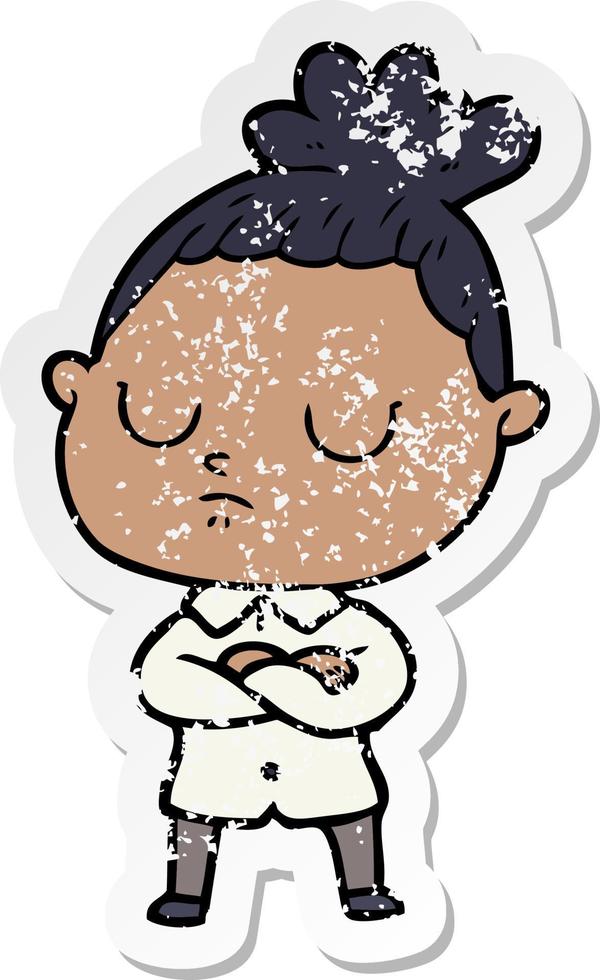distressed sticker of a cartoon calm woman vector