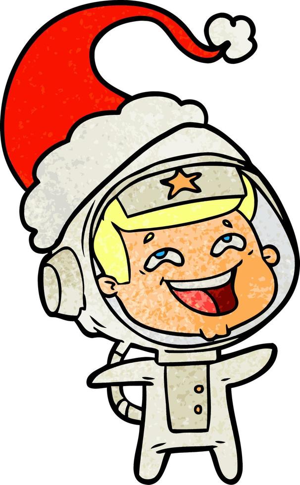 textured cartoon of a laughing astronaut wearing santa hat vector