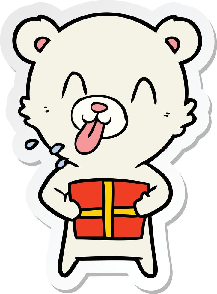 sticker of a rude cartoon polar bear sticking out tongue with present vector