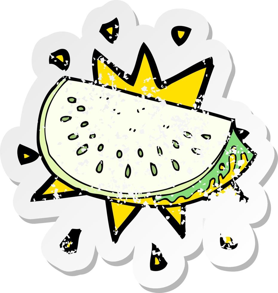 retro distressed sticker of a cartoon melon slice vector