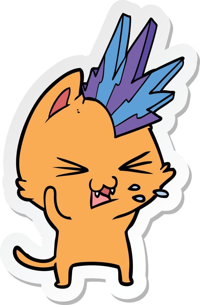 sticker of a cartoon punk rock cat hissing vector